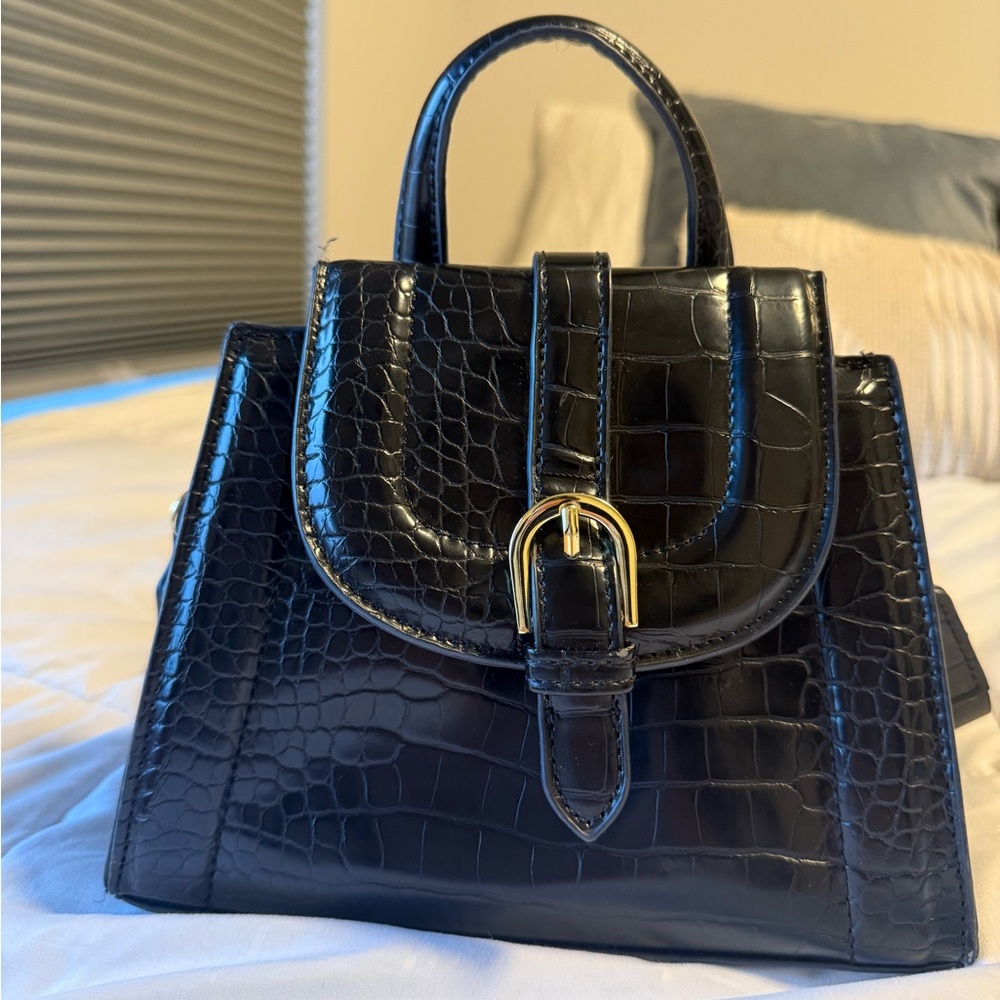 Madden Girl Black Crocodile-Embossed Satchel